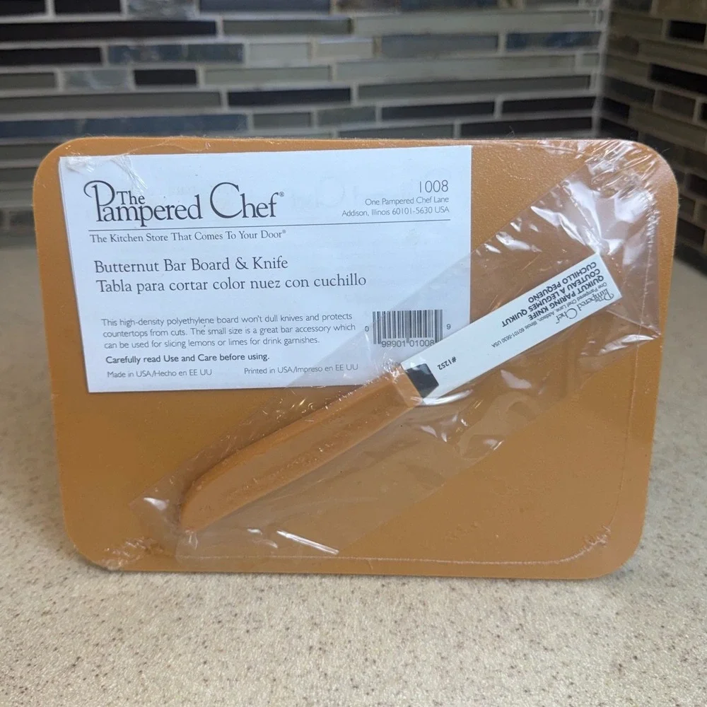 NEW Pampered Chef Butternut Bar Board 1008 & Quikut Paring Knife 1252 Set Sealed